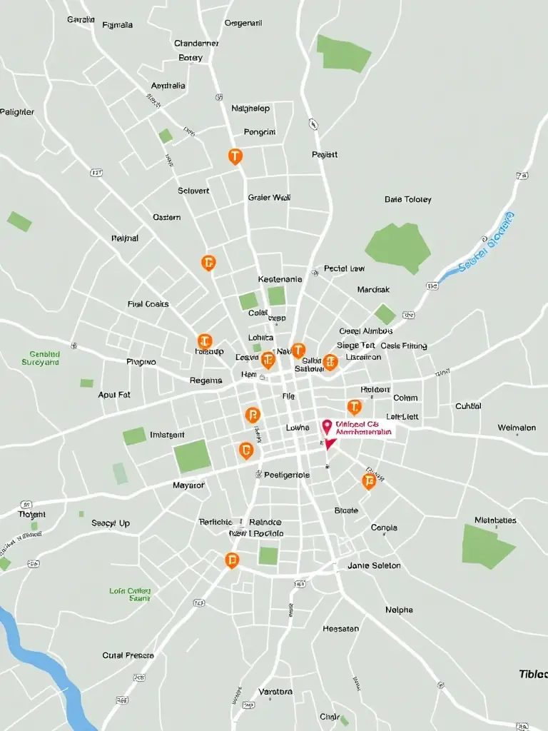 A map of Tbilisi, Georgia, with highlighted key locations like clinics, legal offices, and administrative centers, representing deep local resources.