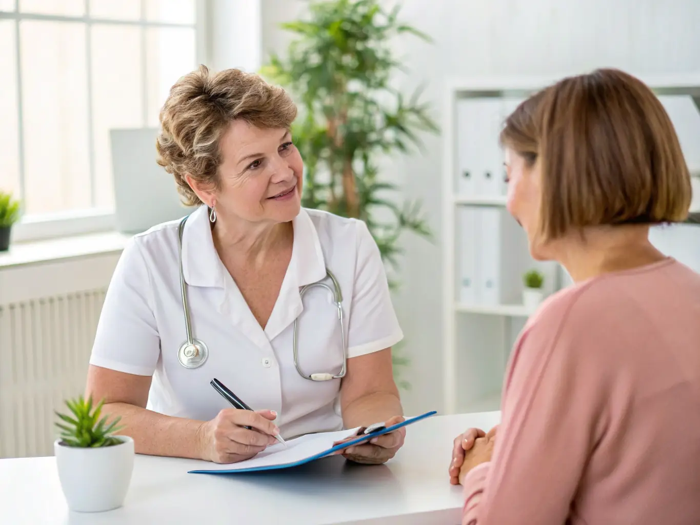 An experienced coordinator is shown expertly navigating the Georgian healthcare system, assisting a couple with hospital arrangements and medical paperwork. The image highlights the platform's expertise and efficiency.