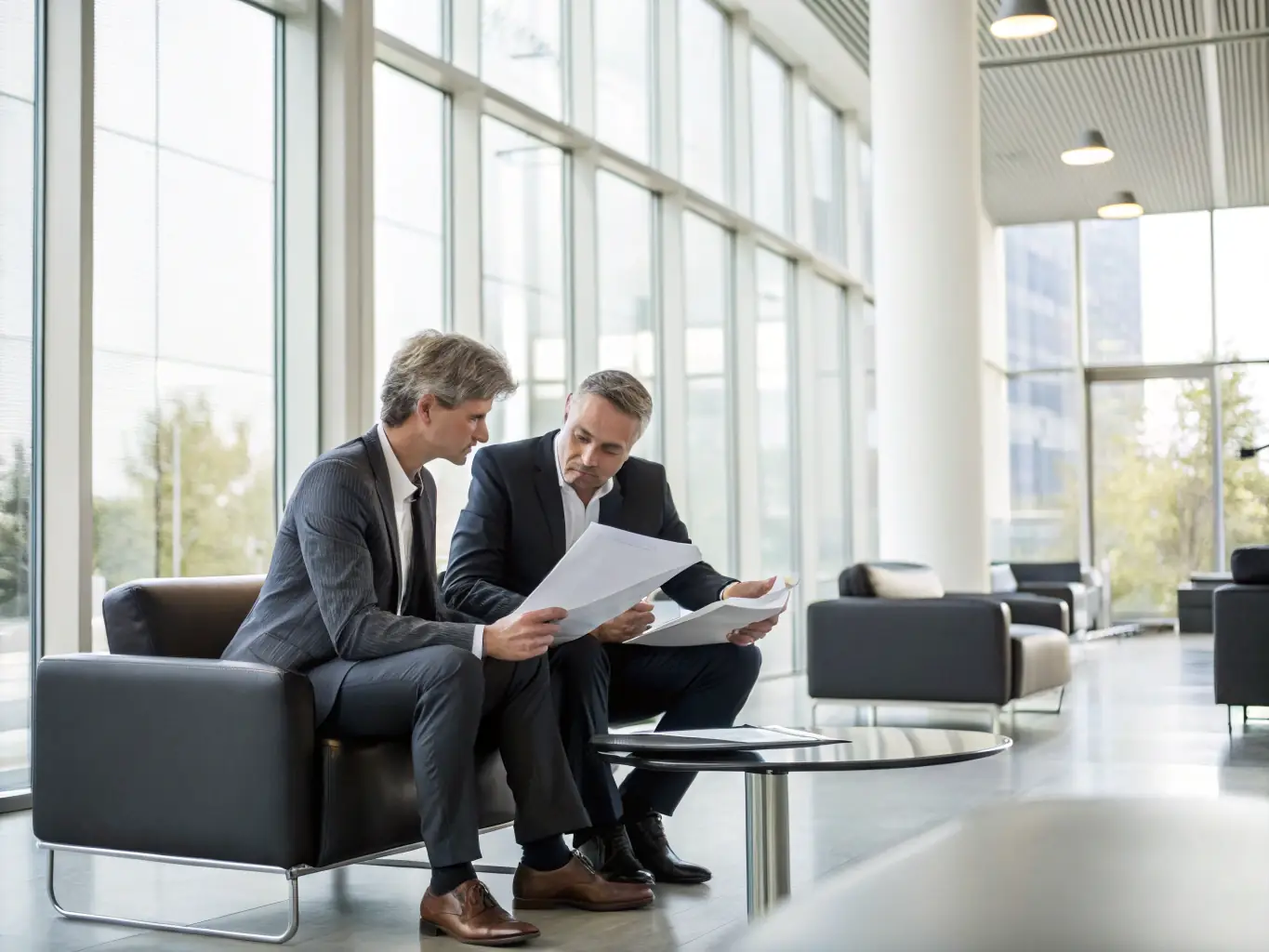 A warm and supportive bilingual coordinator is shown assisting a couple, reviewing documents in a modern, comfortable office setting. The scene conveys trust, care, and professional support.