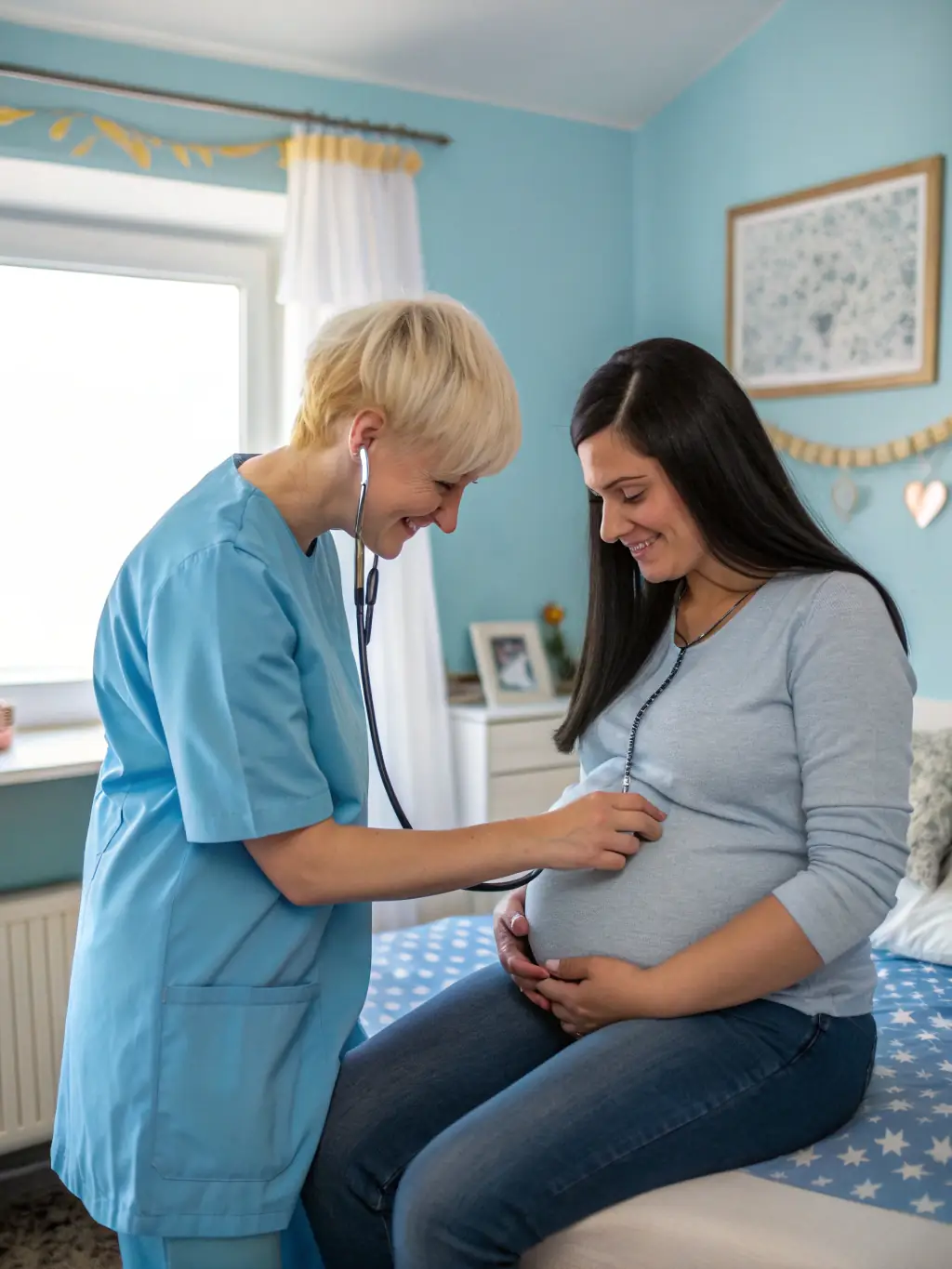 Image of a pregnant woman receiving prenatal care, representing the pregnancy management stage. The image should convey support and well-being.