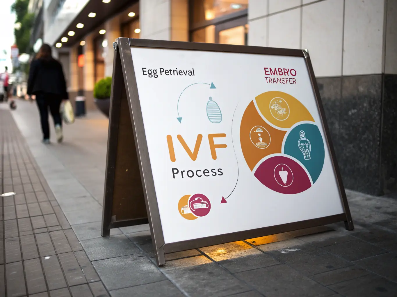 An image illustrating the IVF process in a simplified, step-by-step manner, with bilingual annotations to aid understanding for international clients.