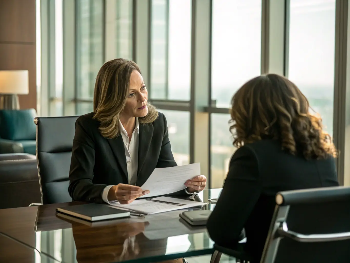 An image showing a consultant explaining a complex legal document to a client, using visual aids to clarify key clauses and implications.