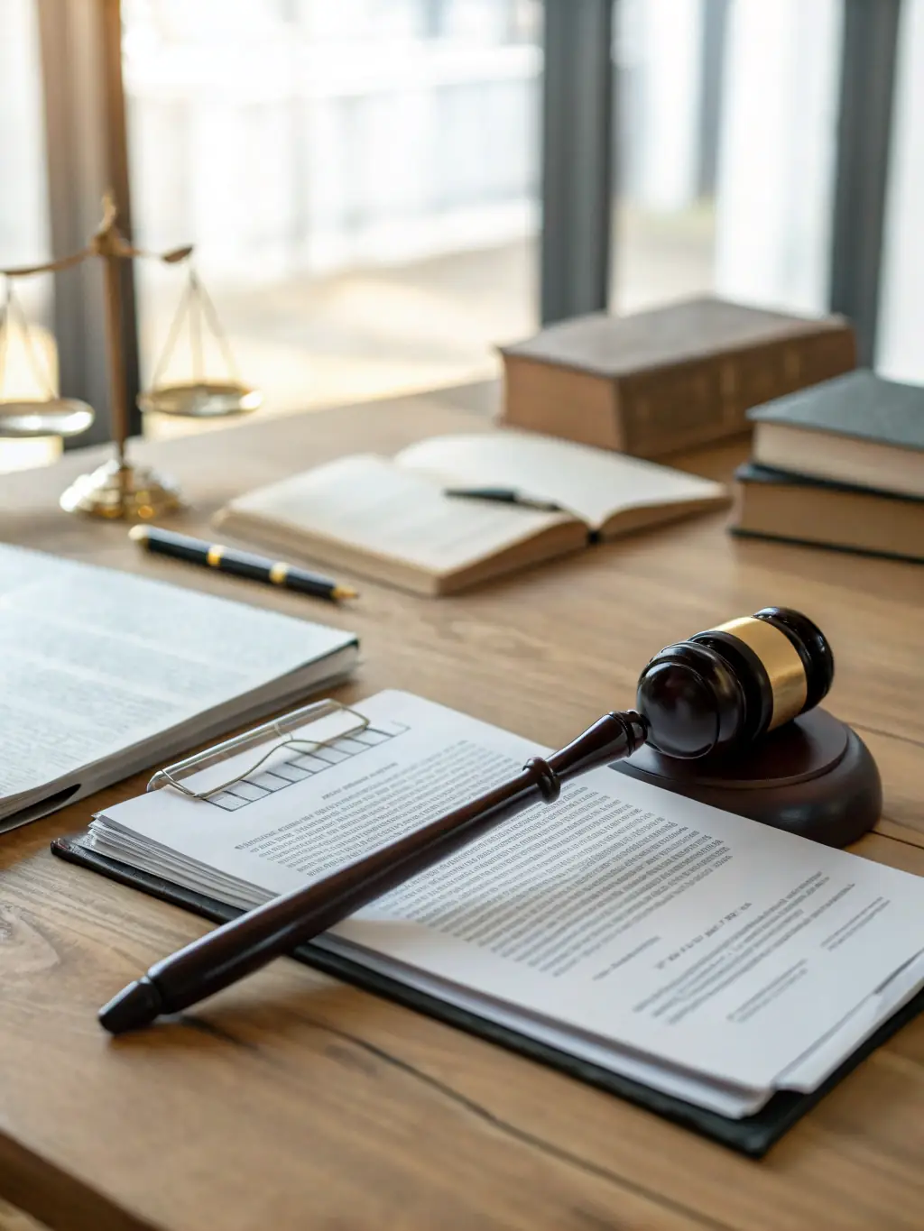 A gavel and legal documents on a desk, symbolizing legal security in the context of cross-border IVF. The scene should convey trust and compliance.