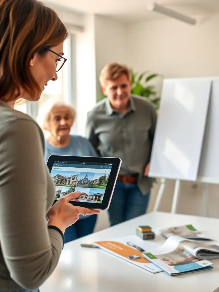 A friendly consultant explaining the IVF process in Georgia to a couple, using a tablet to show a presentation.