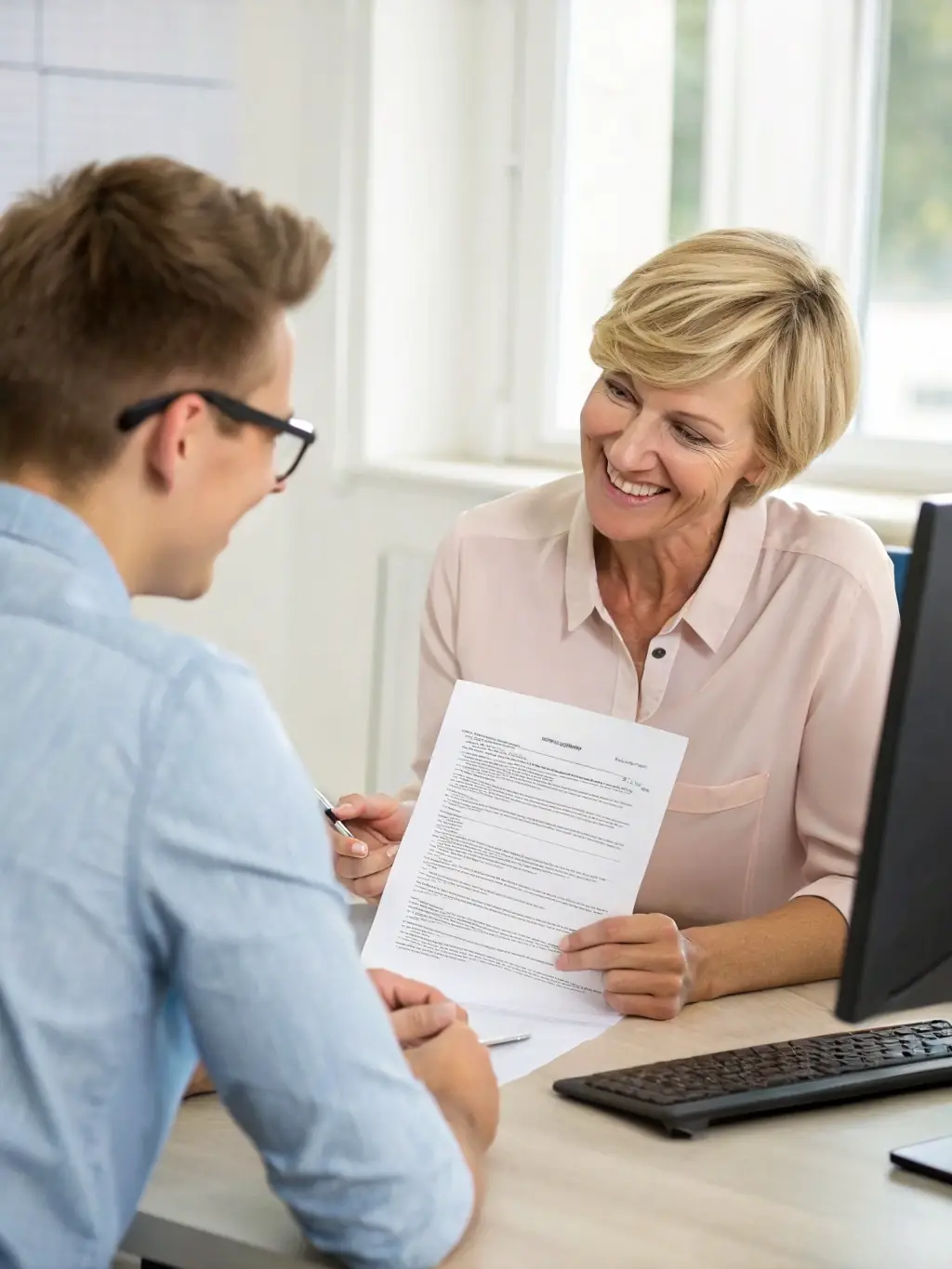 A consultant assisting a client with administrative tasks and document preparation for their IVF treatment.